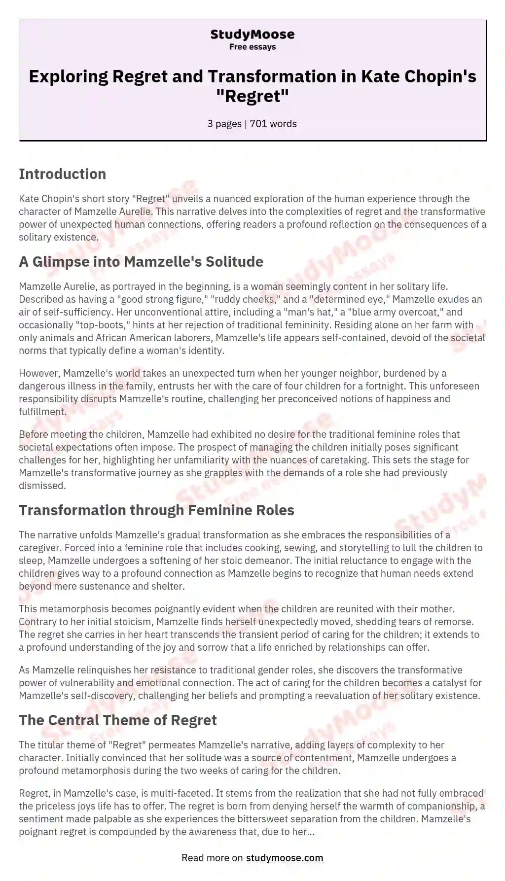 Exploring Regret and Transformation in Kate Chopin's "Regret" Free