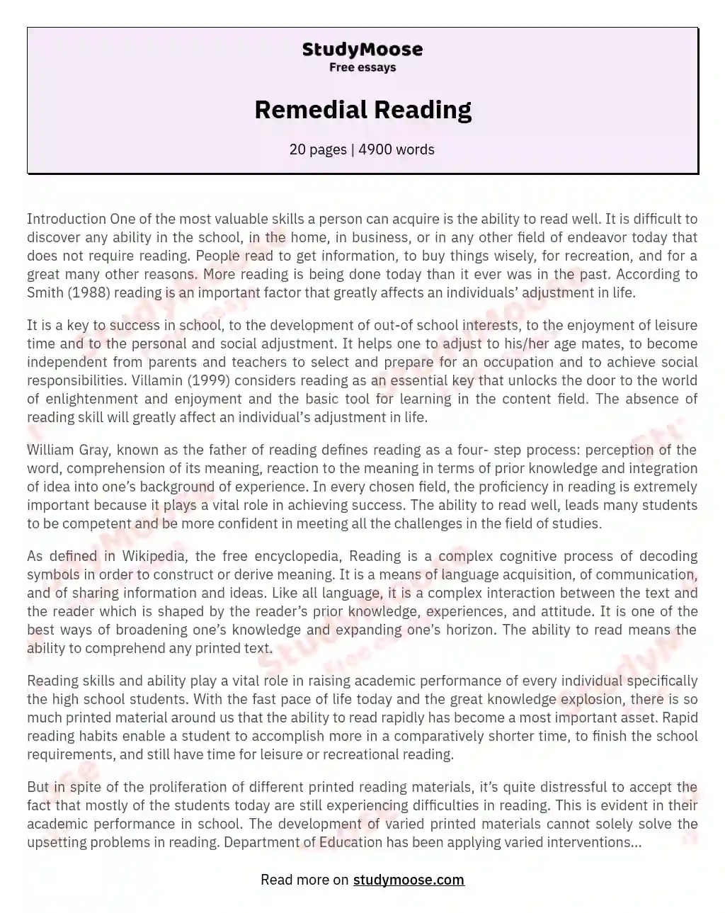 Remedial Reading Free Essay Example