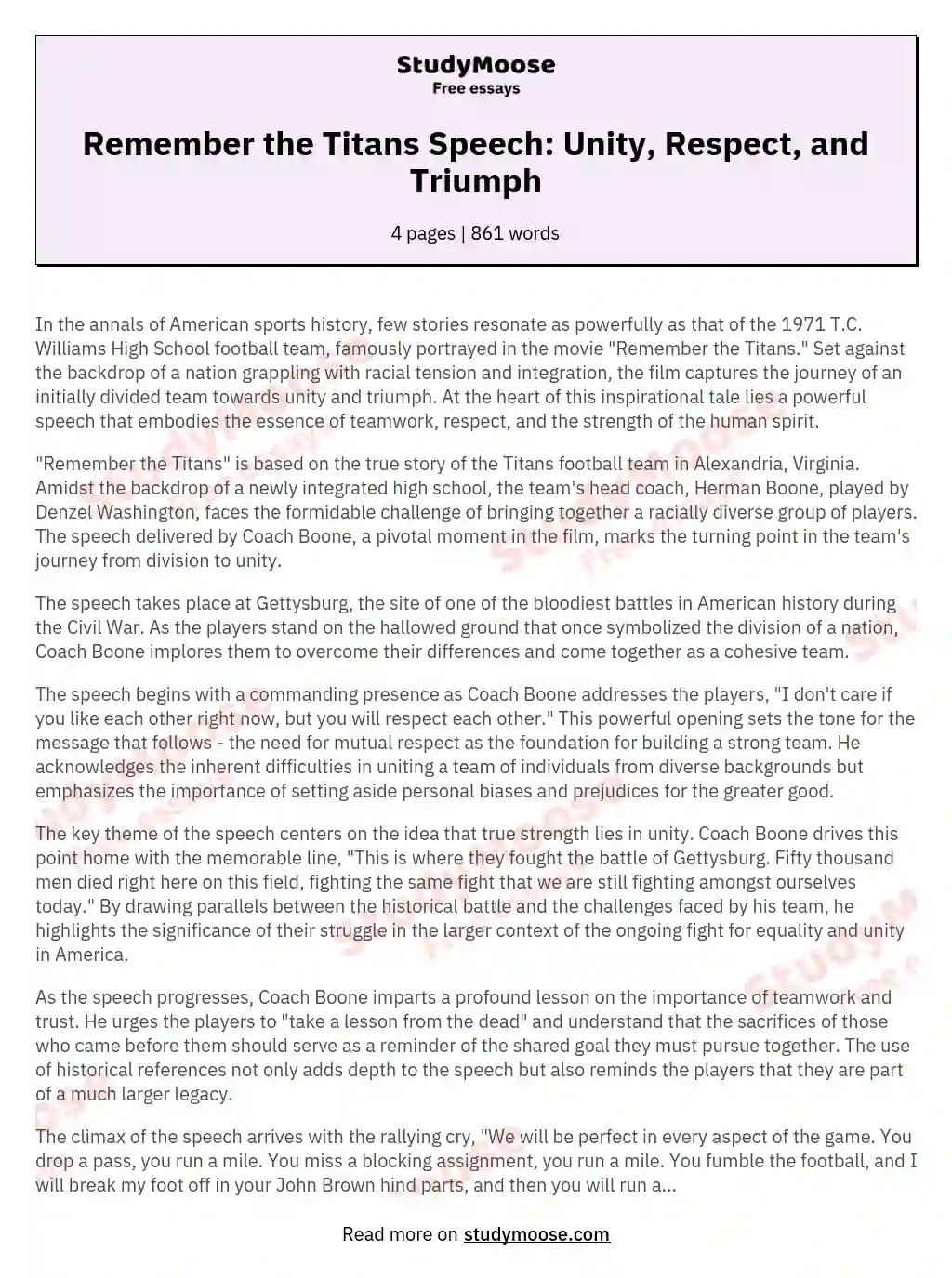 Remember the Titans Speech Unity, Respect, and Triumph Free Essay Example