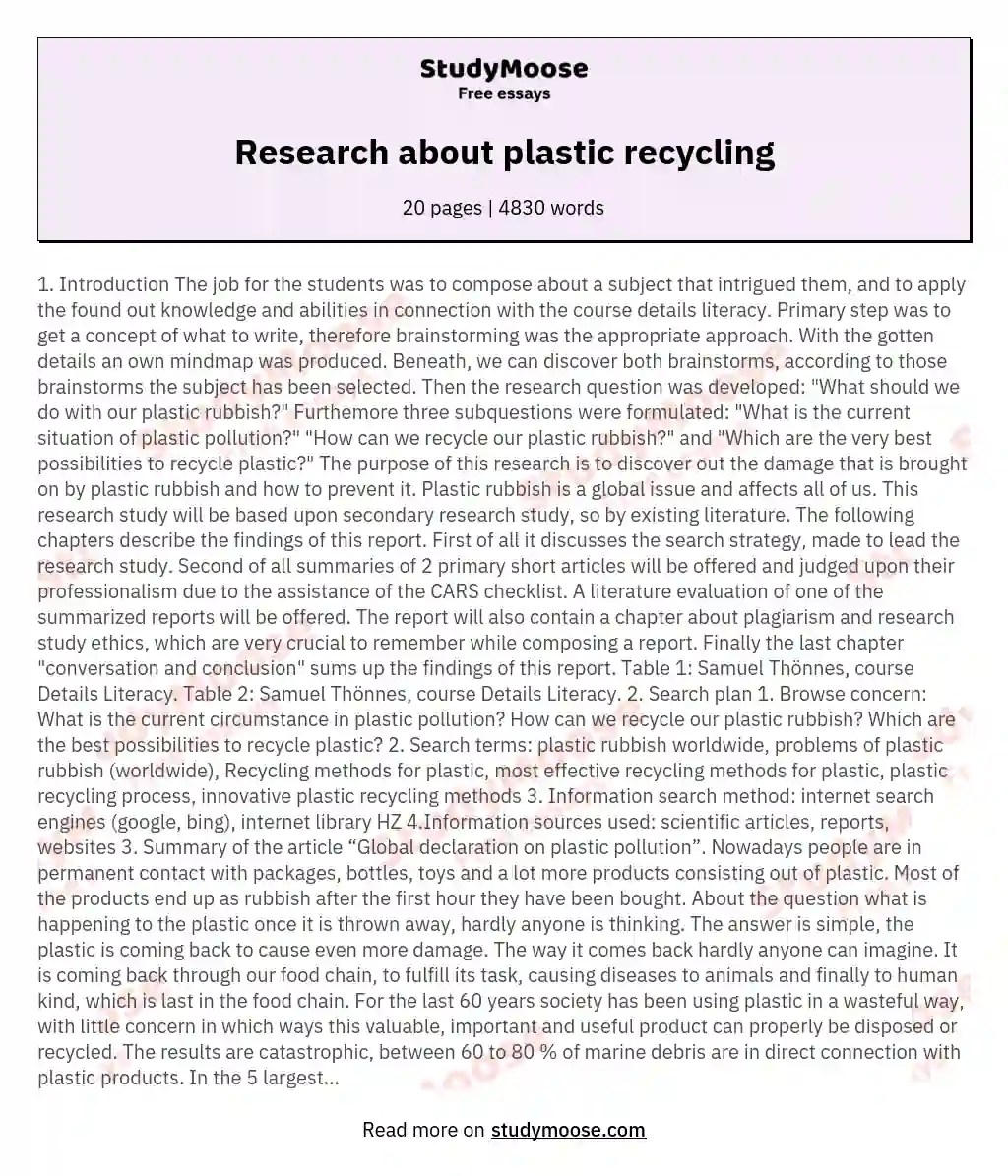 Research about plastic recycling Free Essay Example