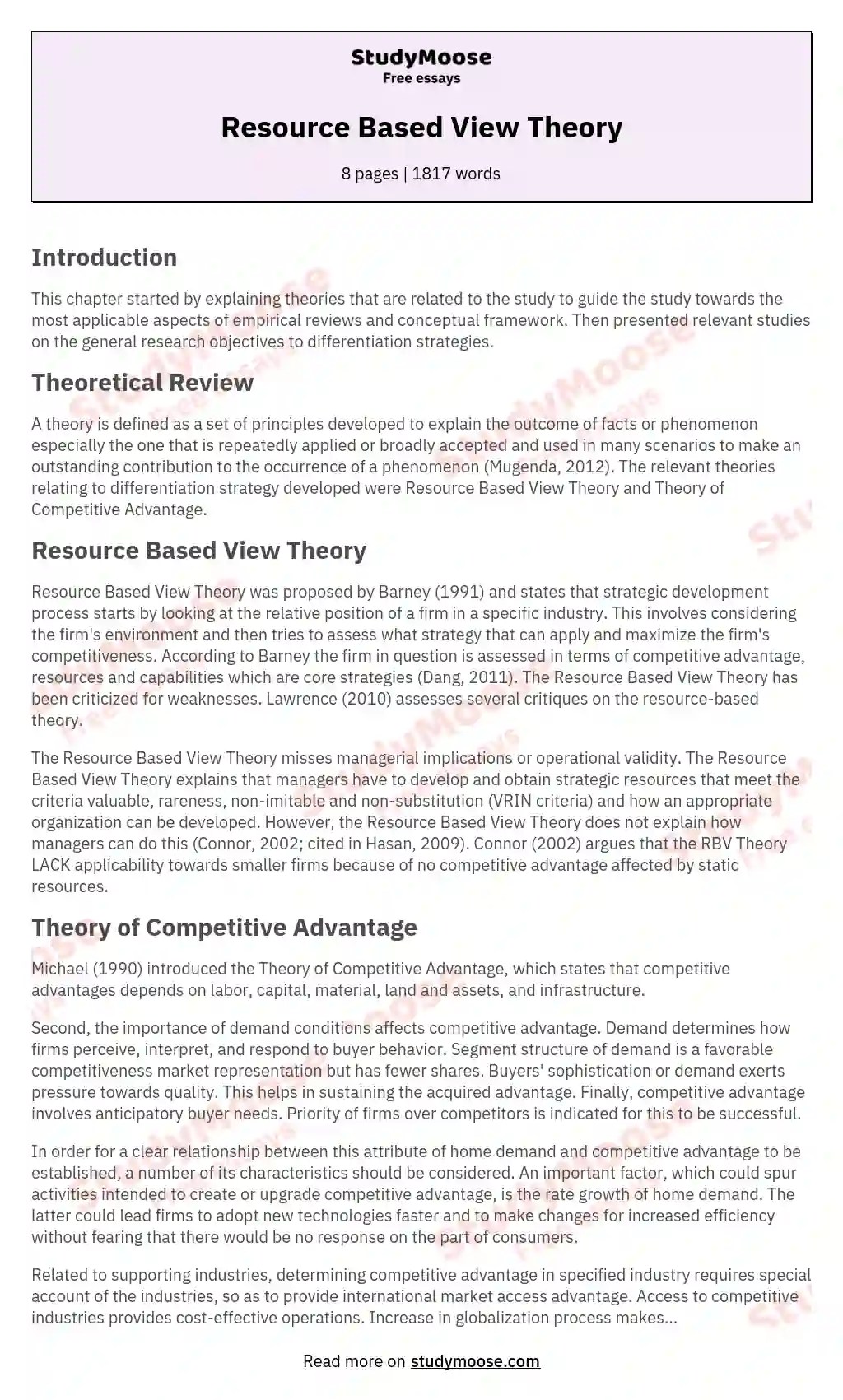 Resource Based View Theory Free Essay Example