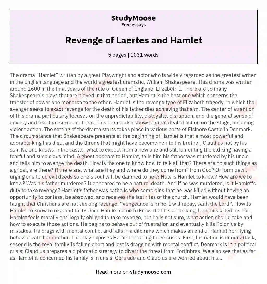 Revenge of Laertes and Hamlet Free Essay Example