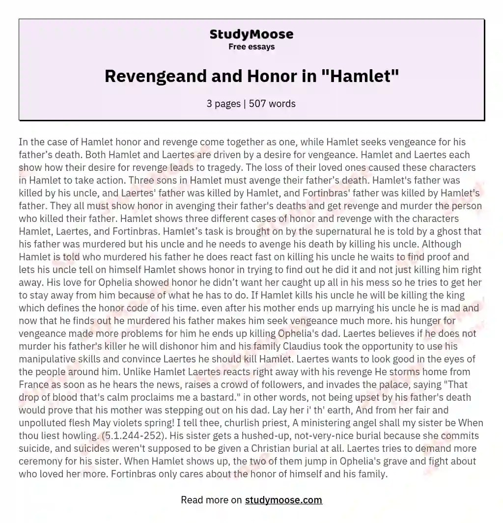 Revengeand and Honor in "Hamlet" Free Essay Example