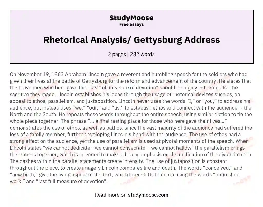 Rhetorical Analysis/ Gettysburg Address Free Essay Example