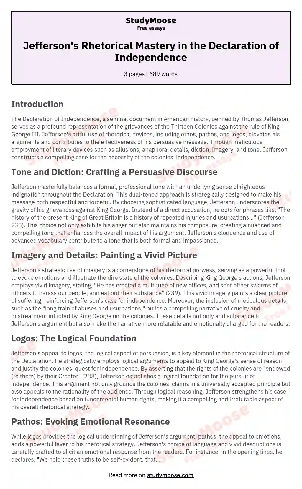 Jefferson's Rhetorical Mastery in the Declaration of Independence Free