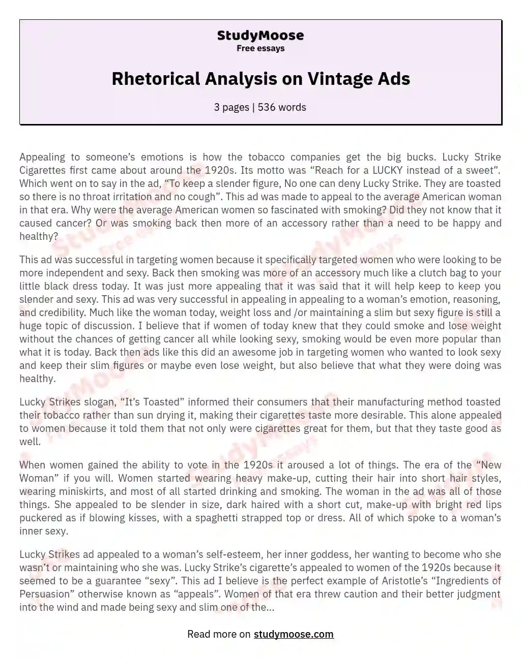 Rhetorical Analysis on Vintage Ads Free Essay Example