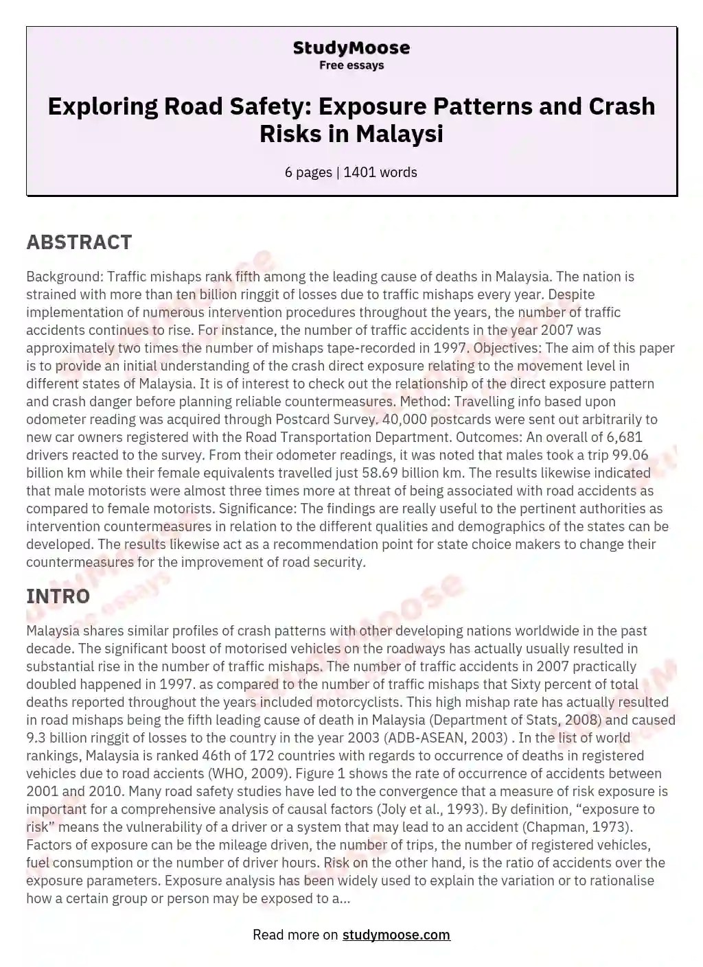 Exploring Road Safety Exposure Patterns and Crash Risks in Malaysi