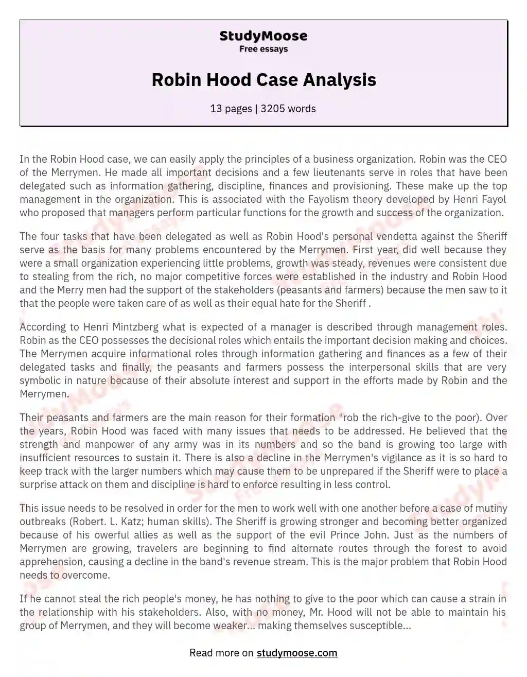Robin Hood Case Analysis Free Essay Example