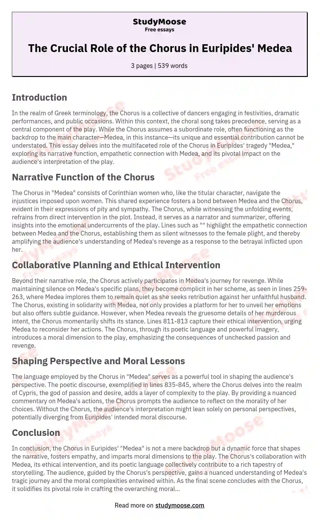 The Crucial Role of the Chorus in Euripides' Medea Free Essay Example