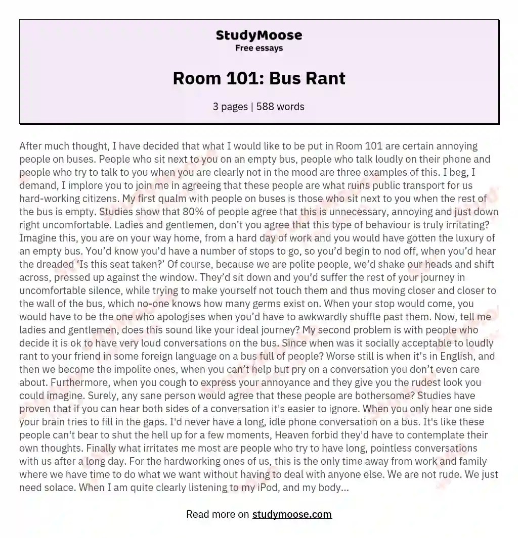 Room 101 Bus Rant Free Essay Example