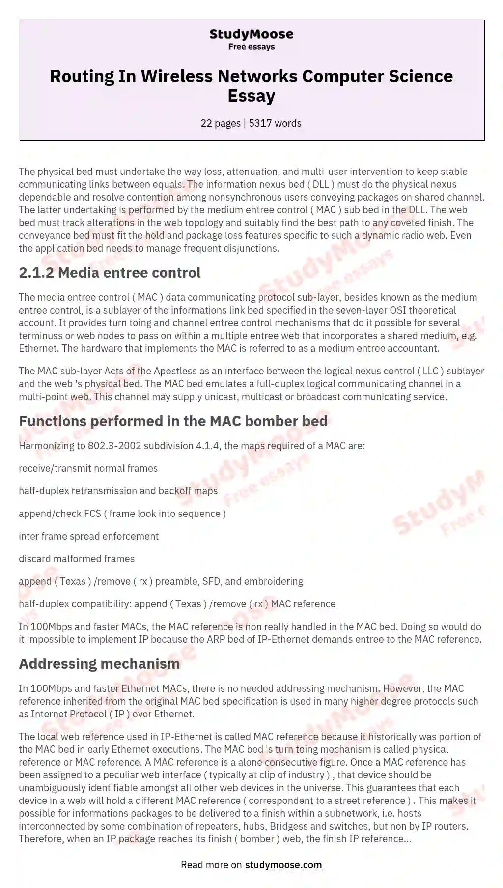 Routing In Wireless Networks Computer Science Essay Free Essay Example