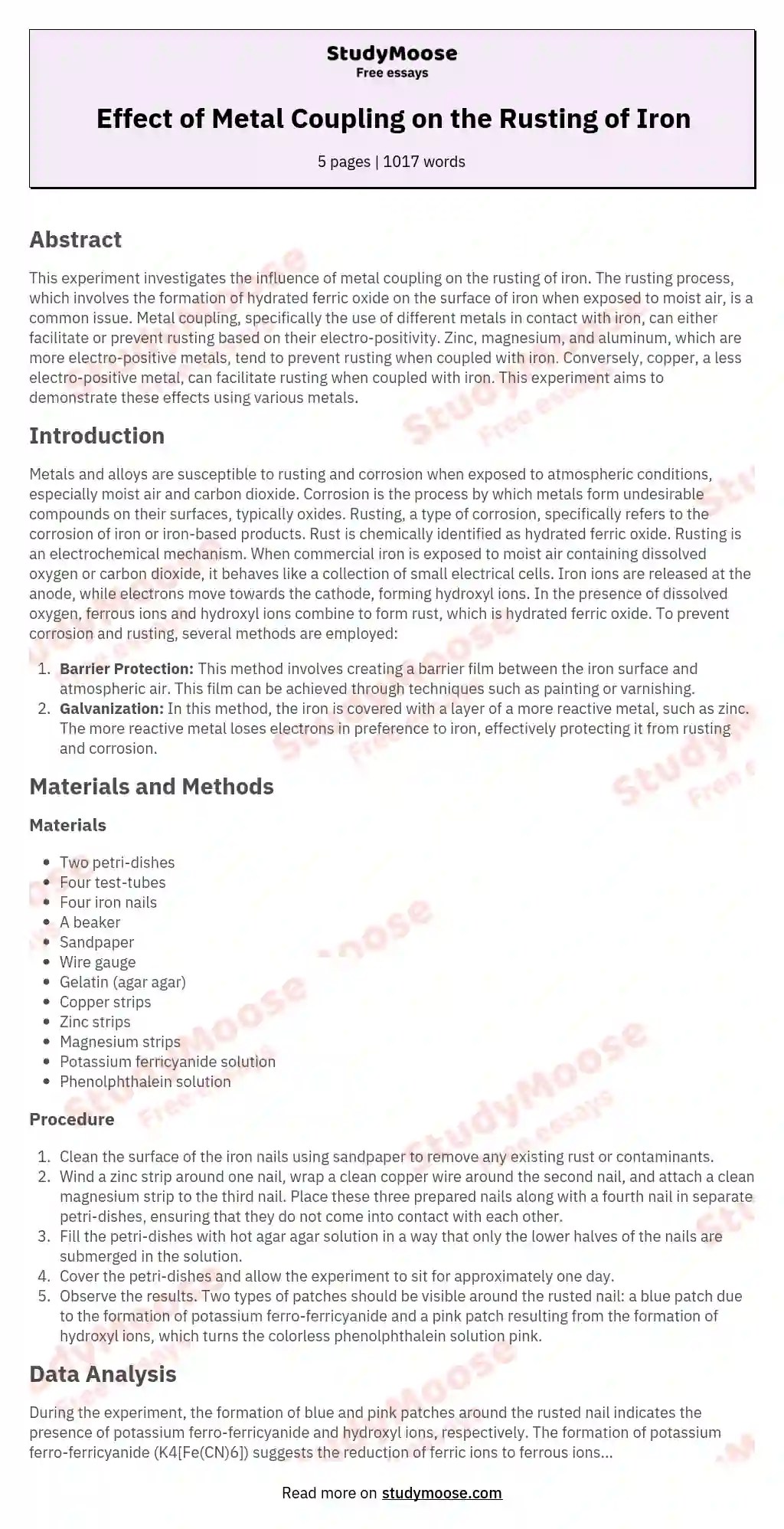 Effect of Metal Coupling on the Rusting of Iron StudyMoose