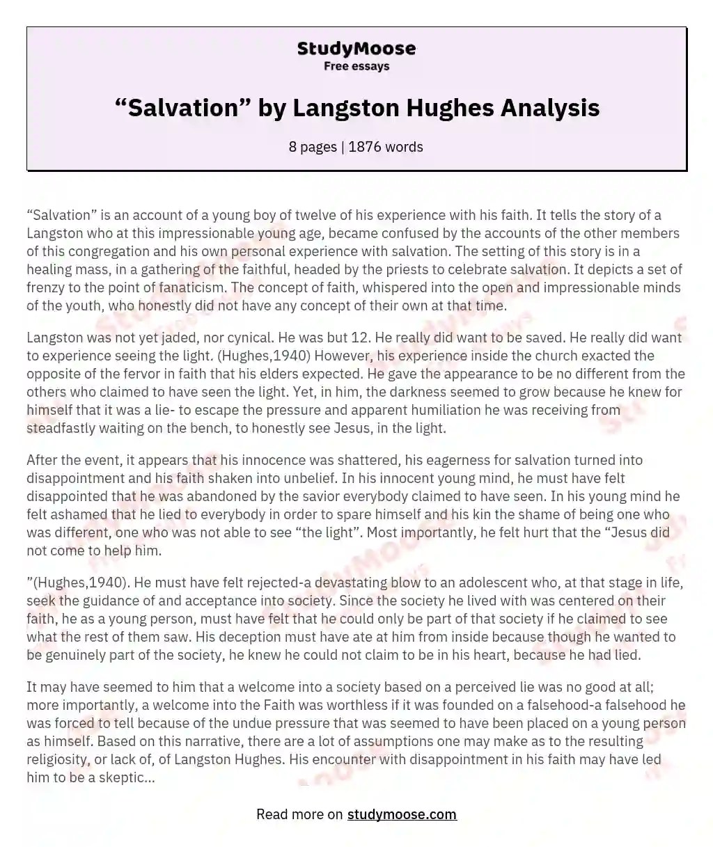 “Salvation” by Langston Hughes Analysis Free Essay Example