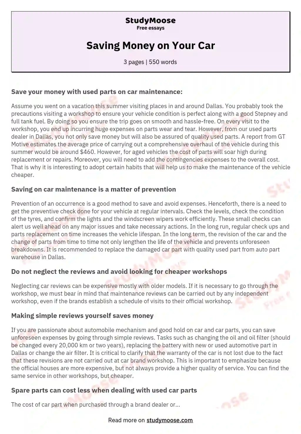 Saving Money on Your Car Free Essay Example