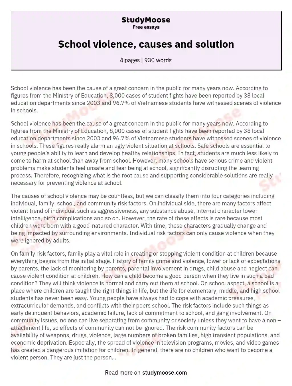 School violence, causes and solution Free Essay Example