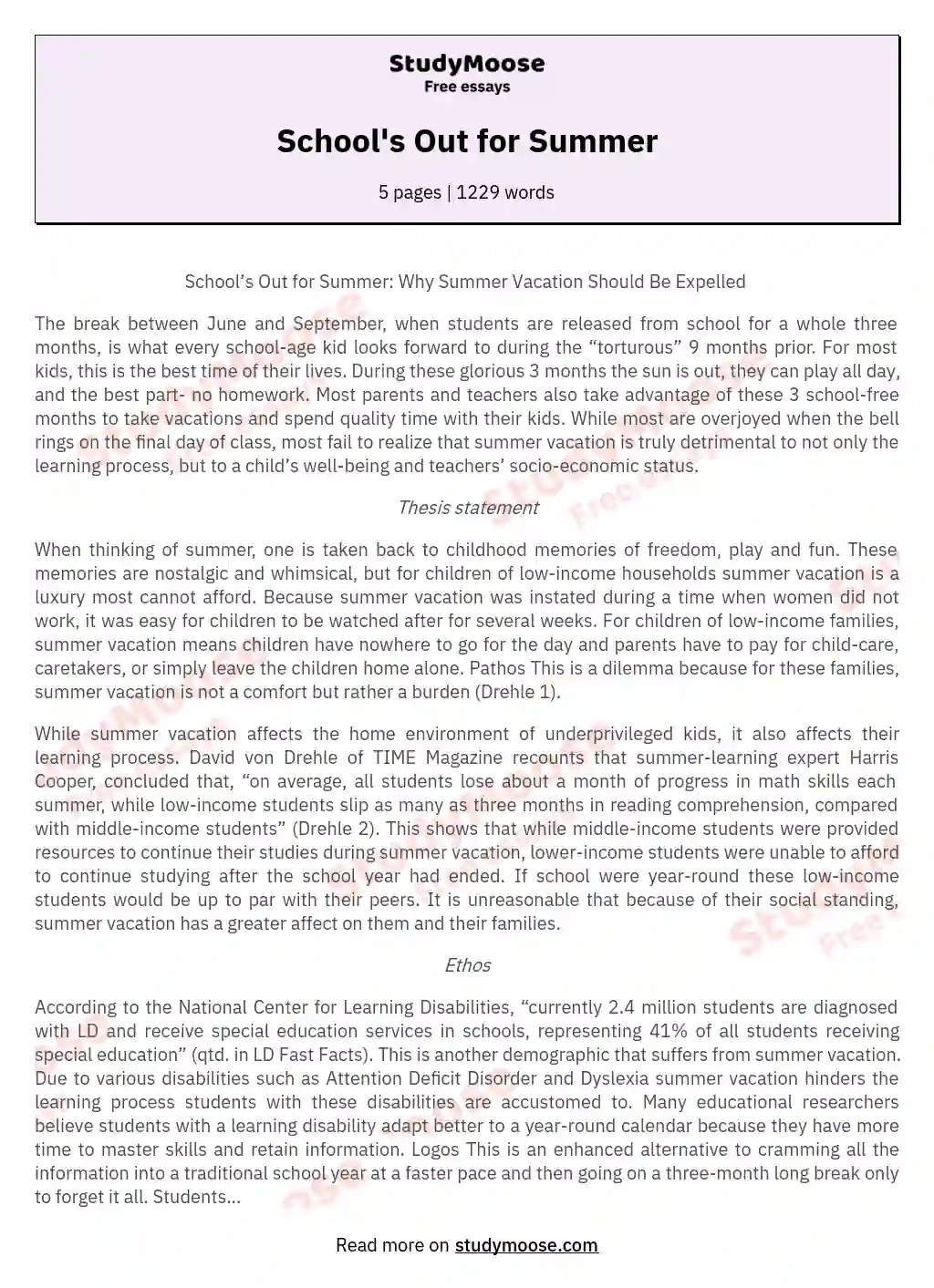 The Complex Realities of Summer Break Free Essay Example