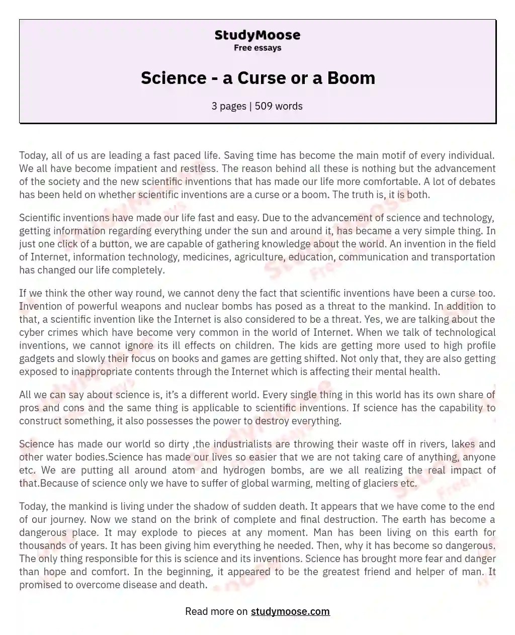 Science a Curse or a Boom Free Essay Example