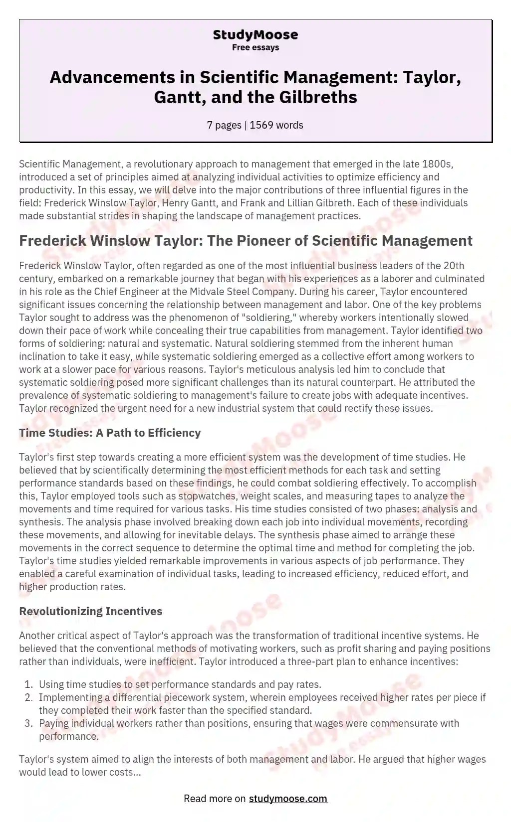Advancements in Scientific Management Taylor, Gantt, and the Gilbreths