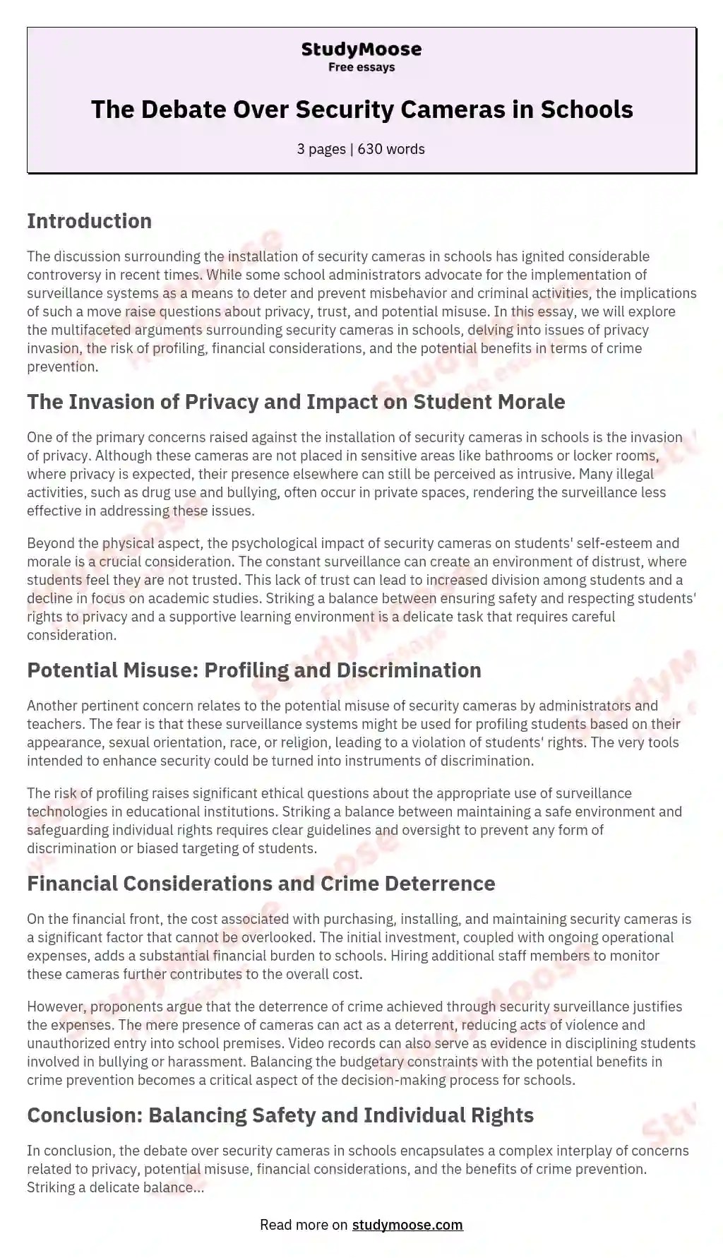 The Debate Over Security Cameras in Schools Free Essay Example