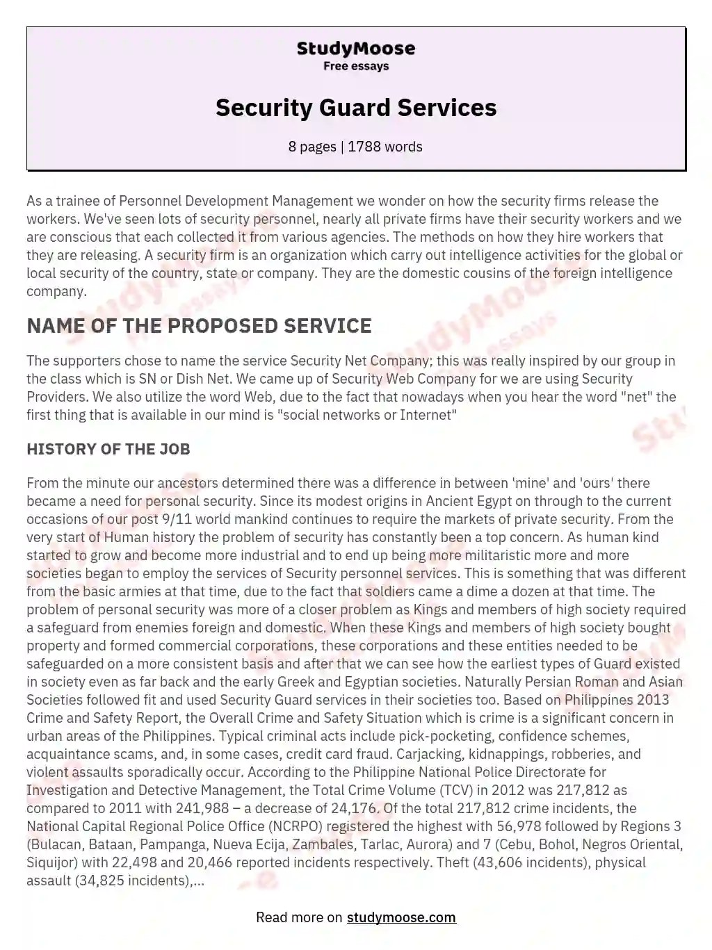 Security Guard Services Free Essay Example