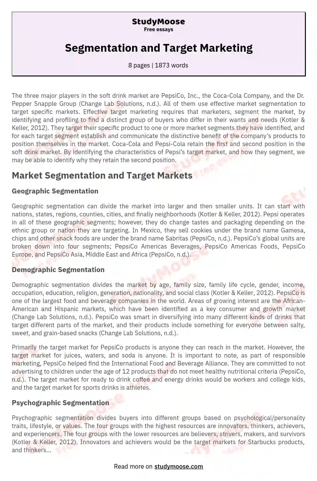 Segmentation and Target Marketing Free Essay Example