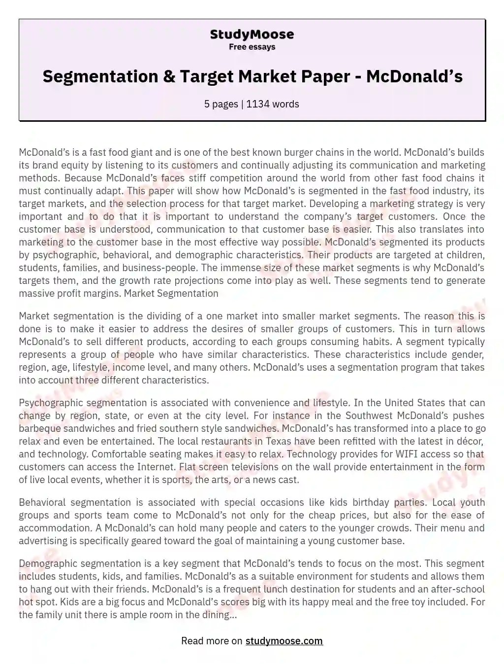 Segmentation & Target Market Paper McDonald’s Free Essay Example