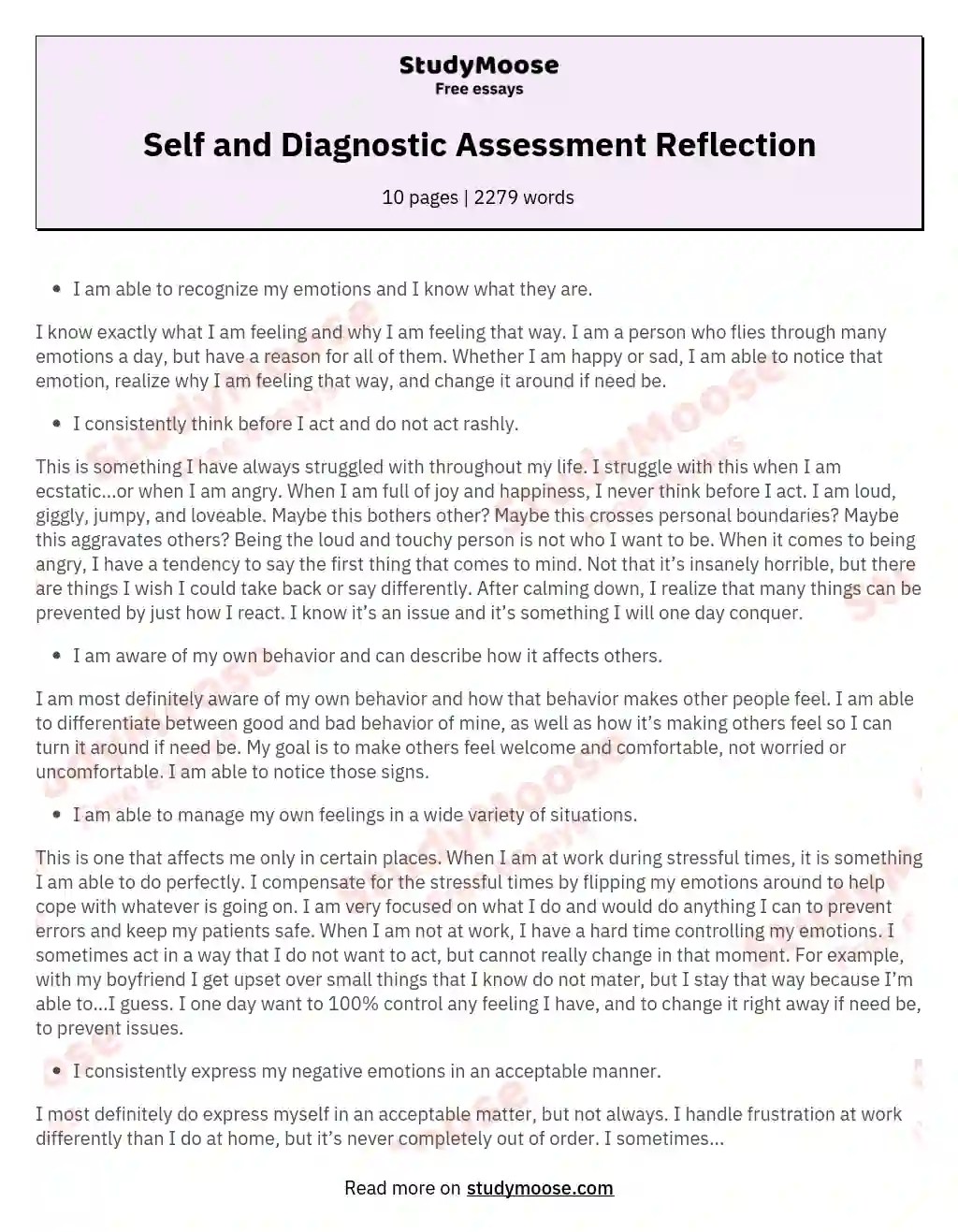 Self and Diagnostic Assessment Reflection Free Essay Example