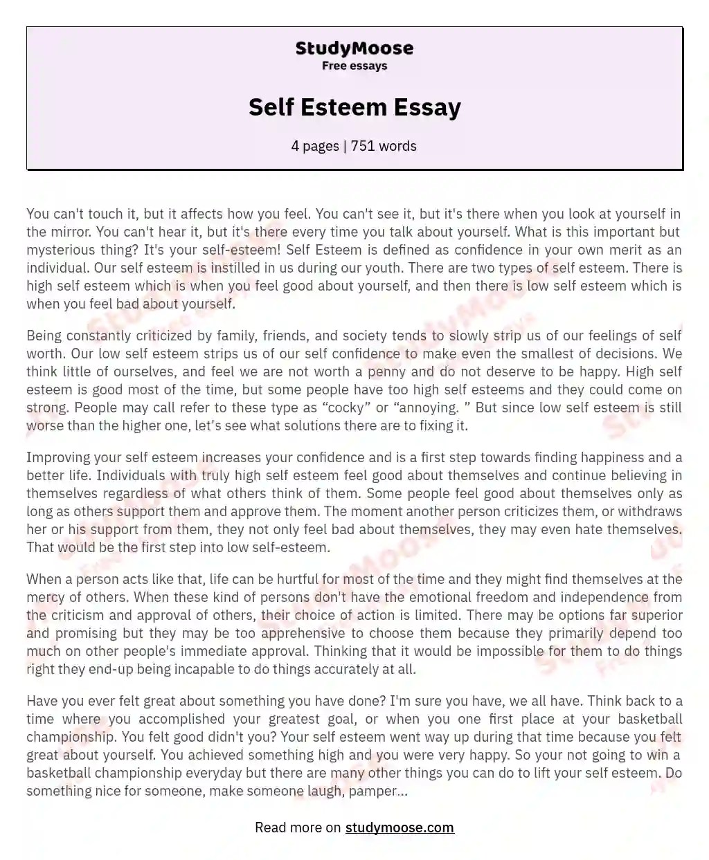 Self Esteem Essay Free Essay Example