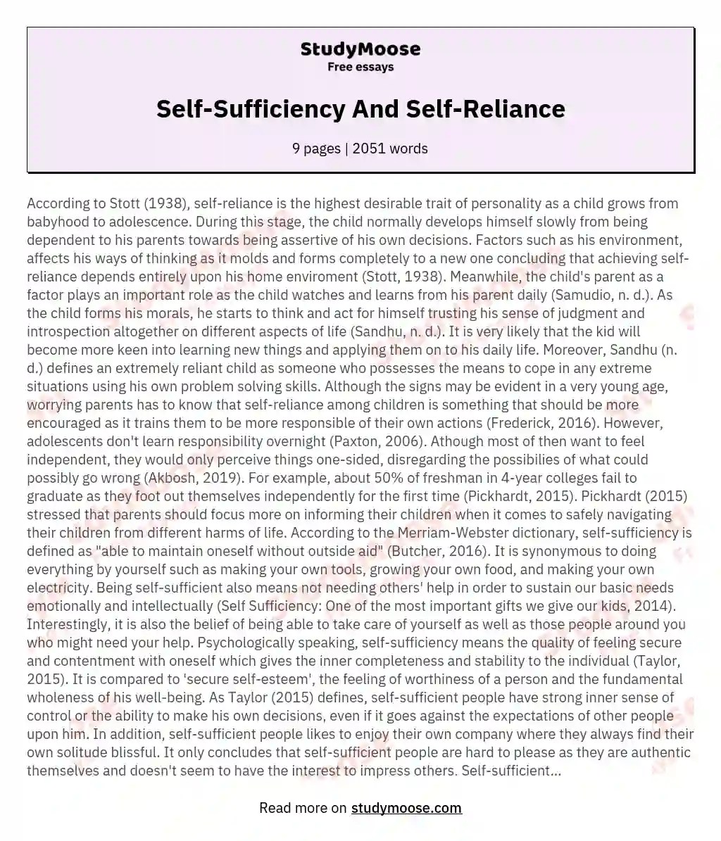 SelfSufficiency And SelfReliance Free Essay Example