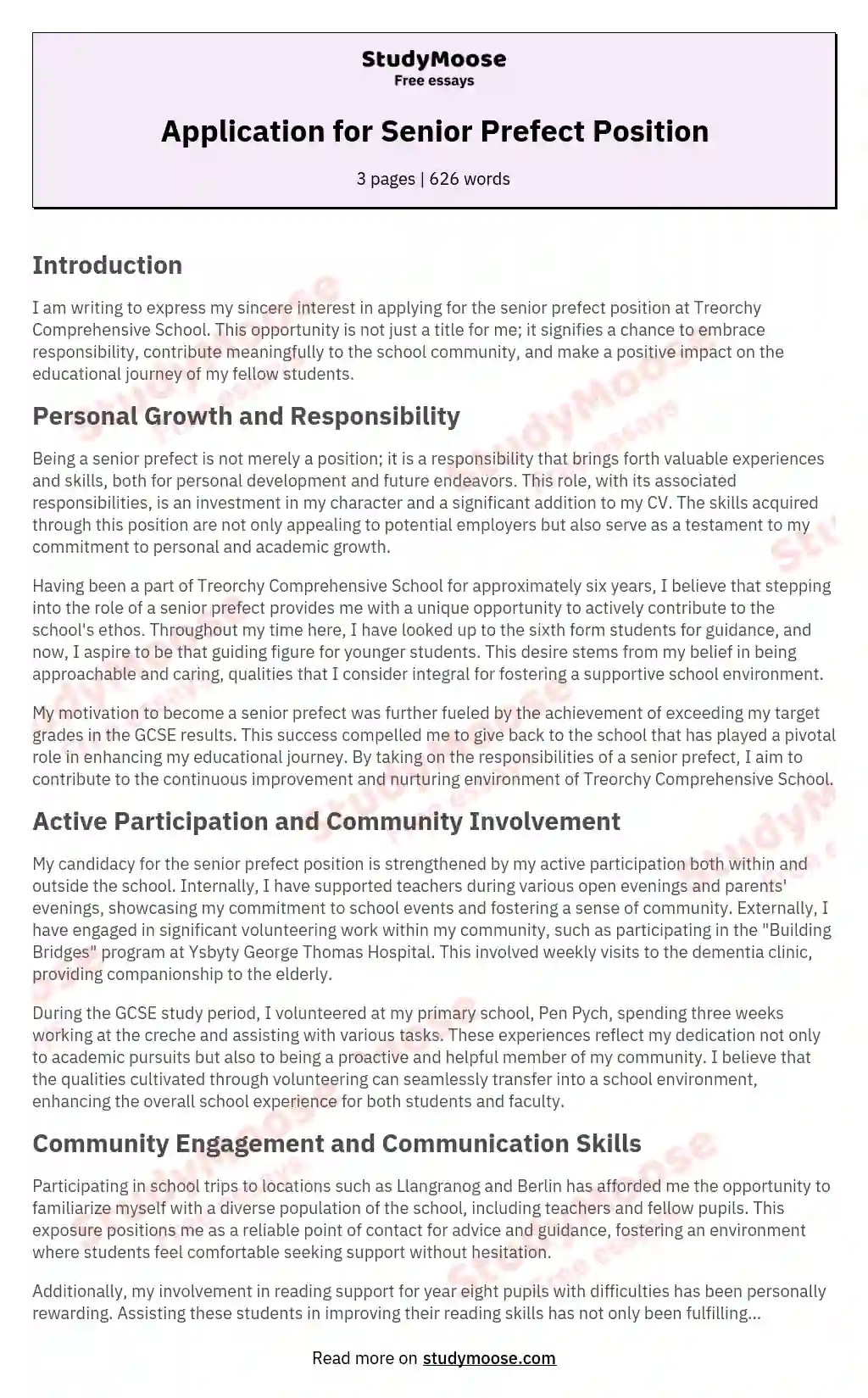 Application for Senior Prefect Position Free Essay Example