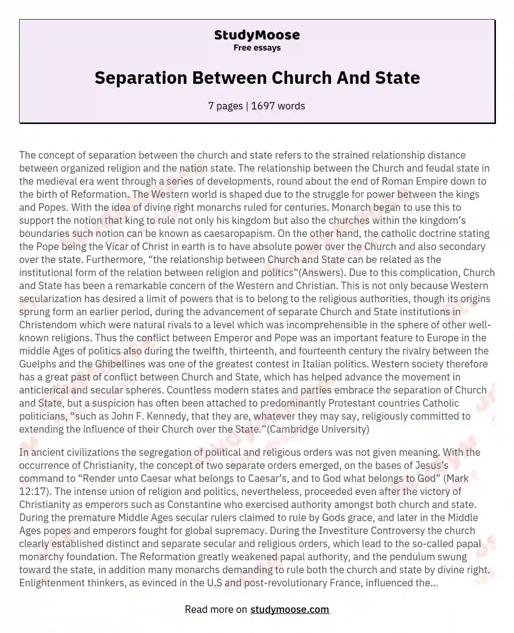 Separation Between Church And State Free Essay Example