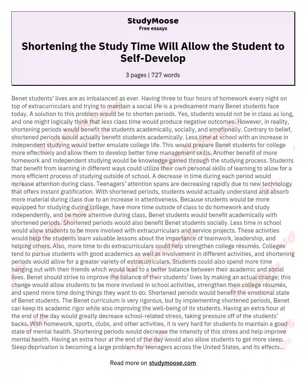 Shortening the Study Time Will Allow the Student to SelfDevelop Free