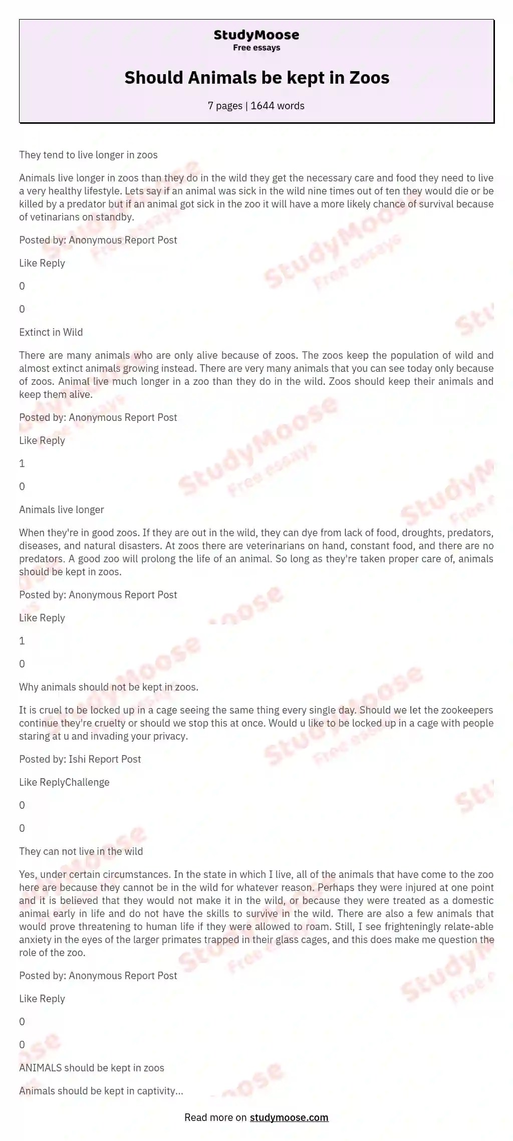 Should Animals be kept in Zoos Free Essay Example