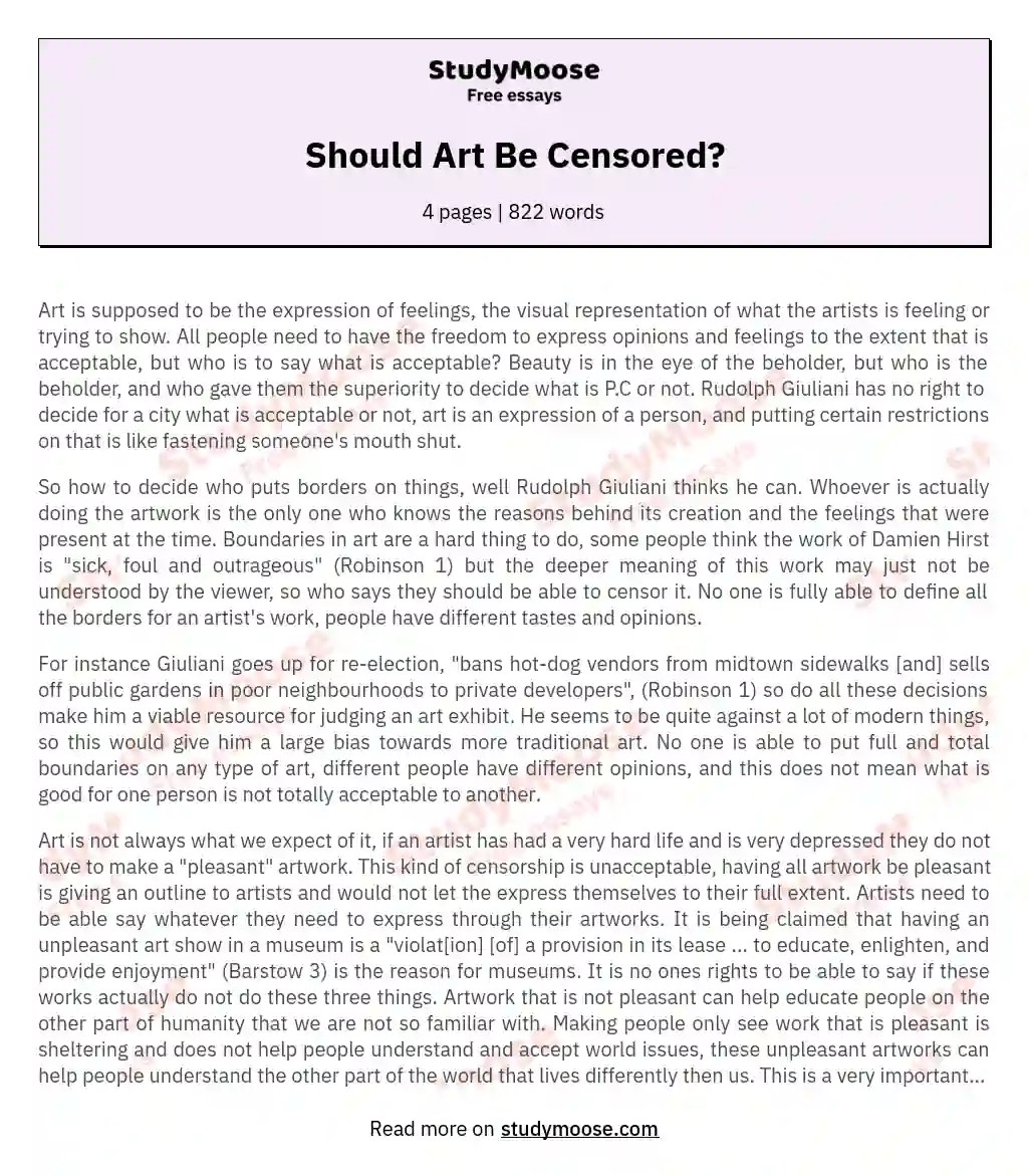 Should Art Be Censored? Free Essay Example