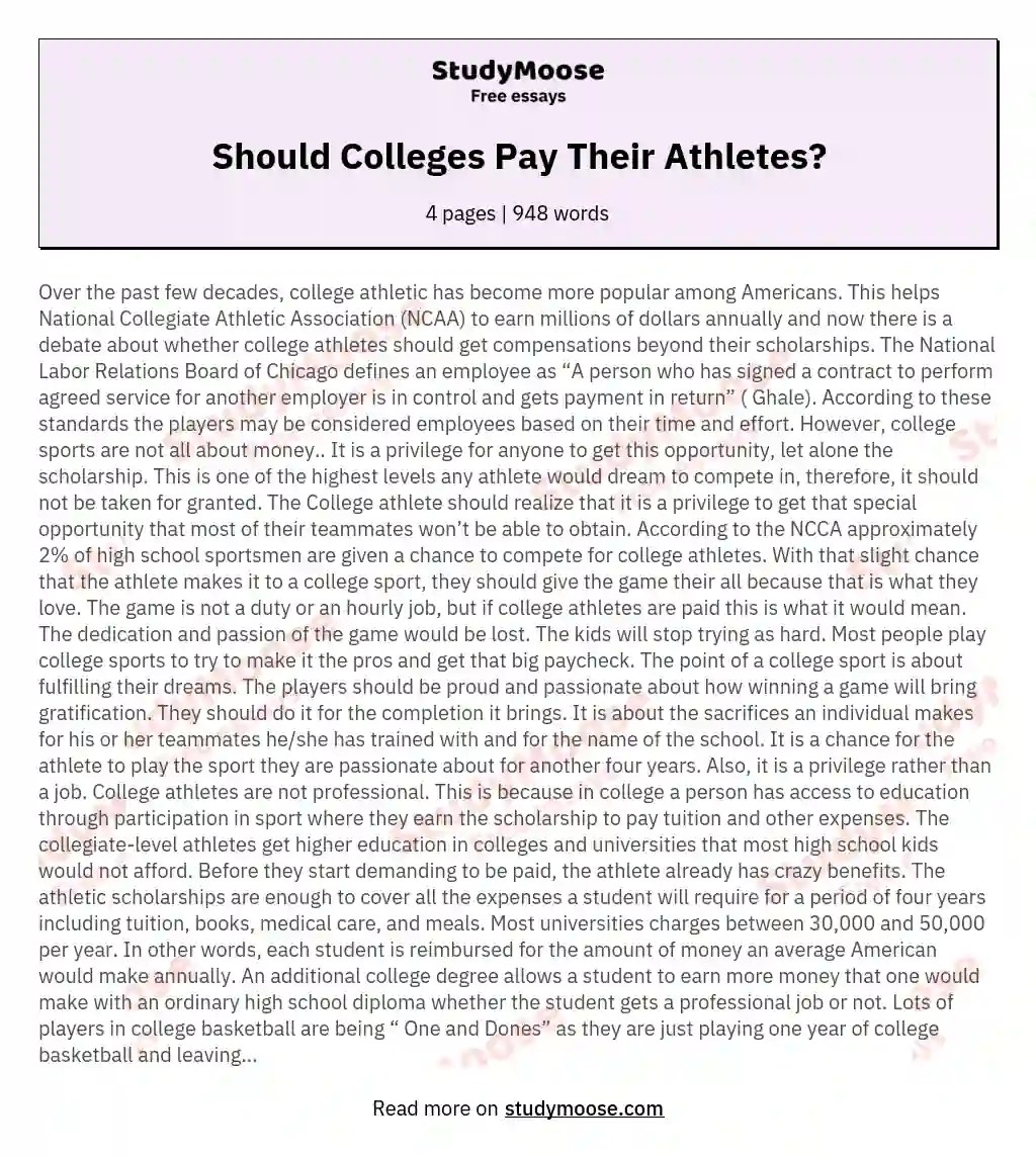 Should Colleges Pay Their Athletes? Free Essay Example