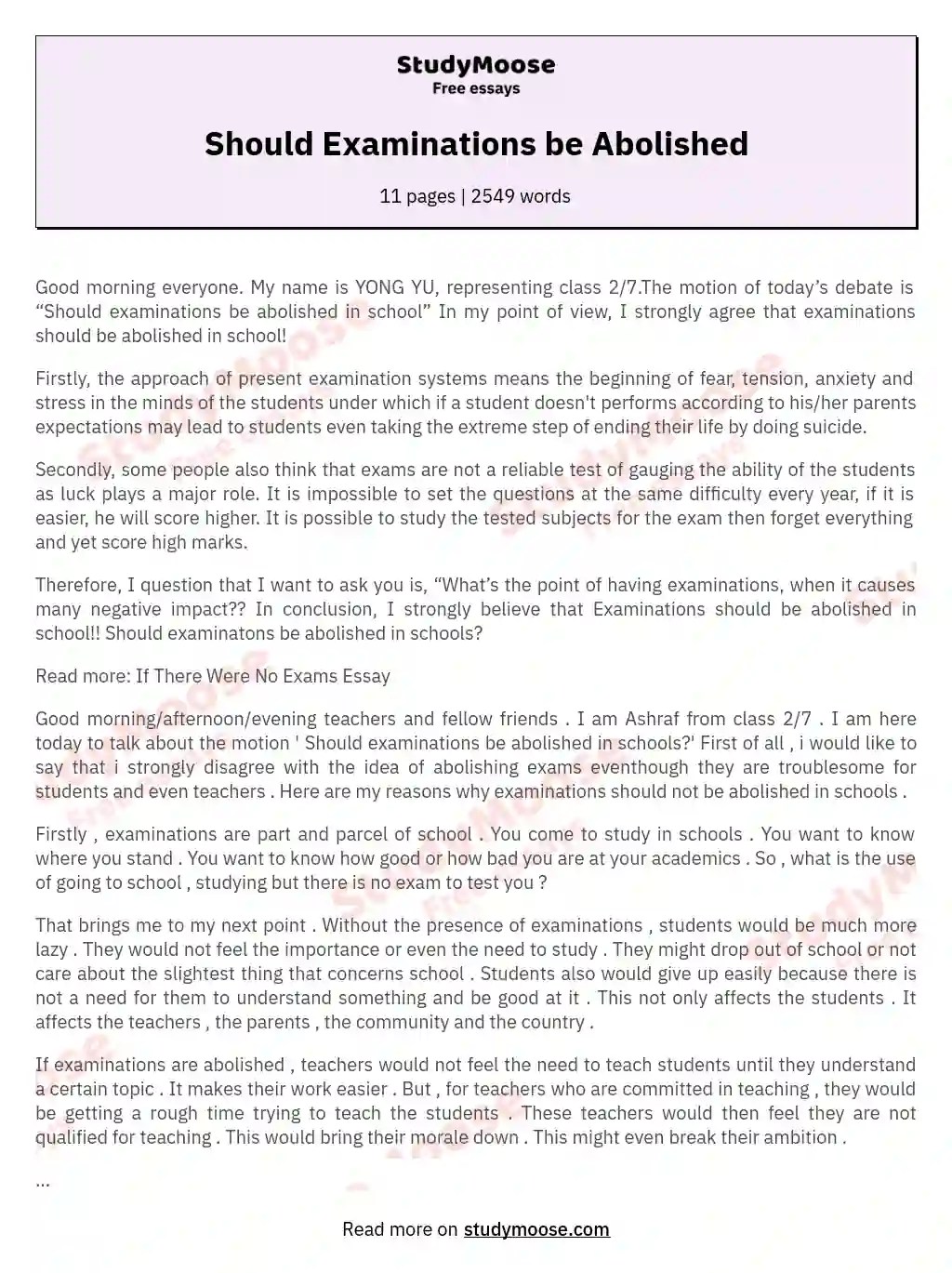 Should Examinations be Abolished Free Essay Example