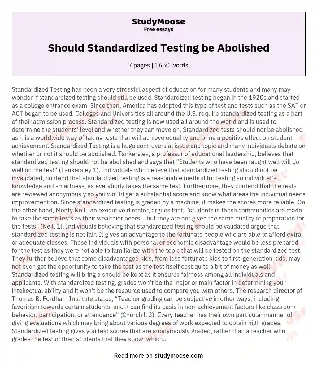 Should Standardized Testing be Abolished Free Essay Example