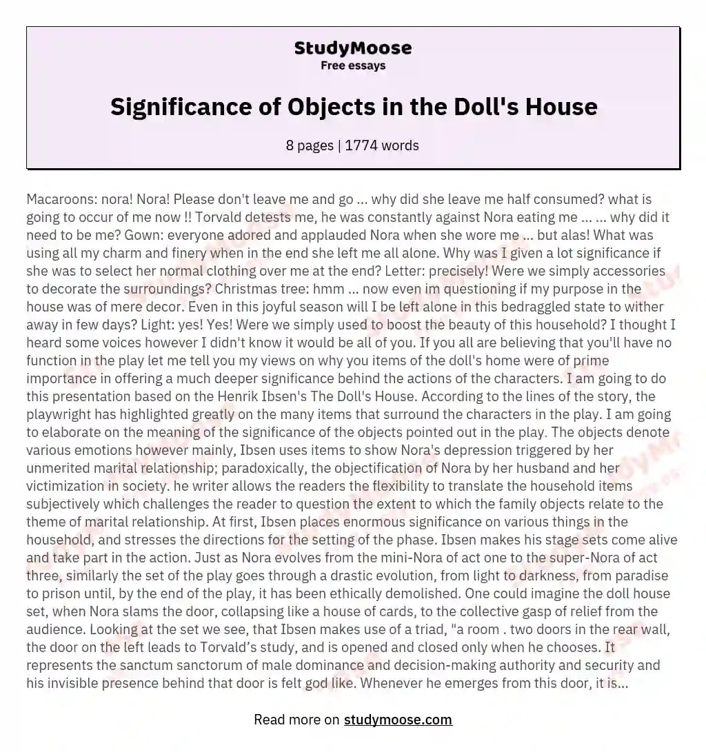 Significance of Objects in the Doll's House Free Essay Example