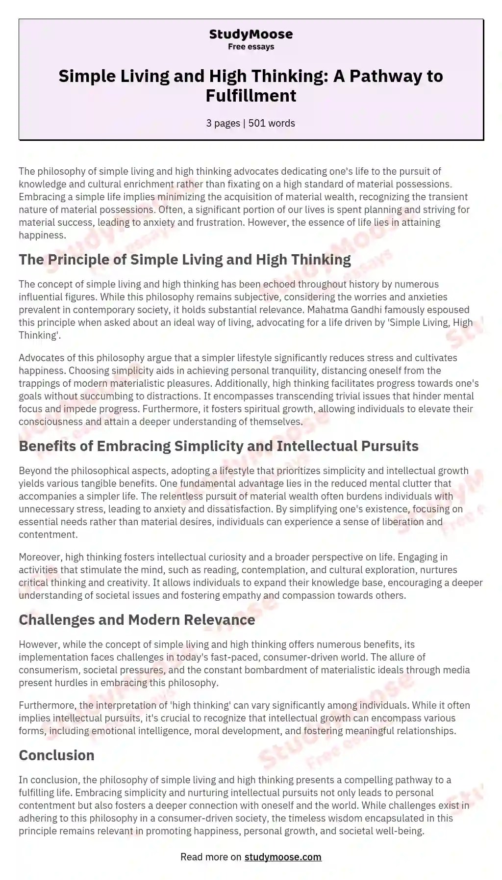 Simple Living and High Thinking A Pathway to Fulfillment Free Essay