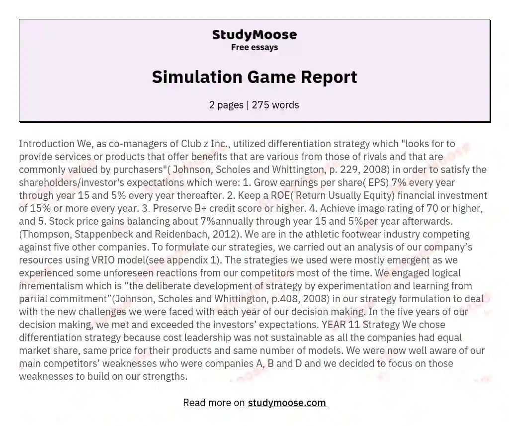 Simulation Game Report Free Essay Example
