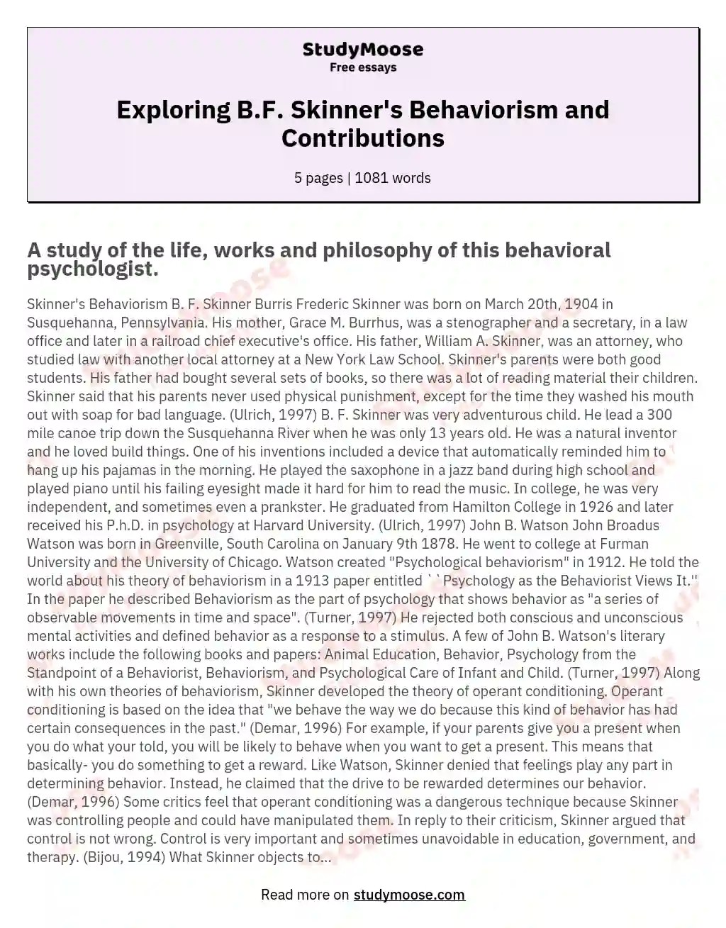 Exploring B.F. Skinner's Behaviorism and Contributions Free Essay Example