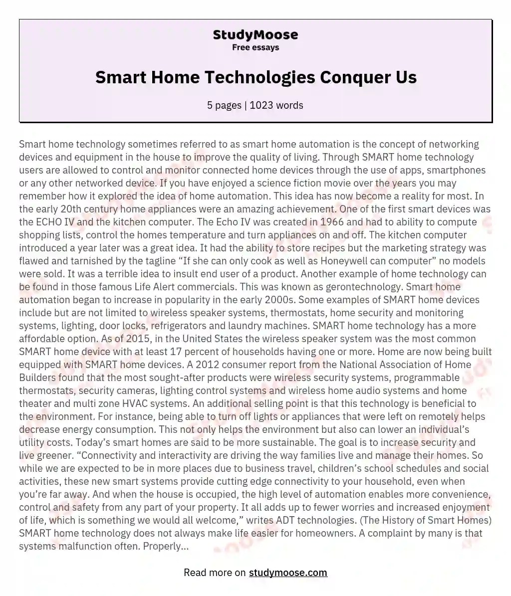 Smart Home Technologies Conquer Us Free Essay Example