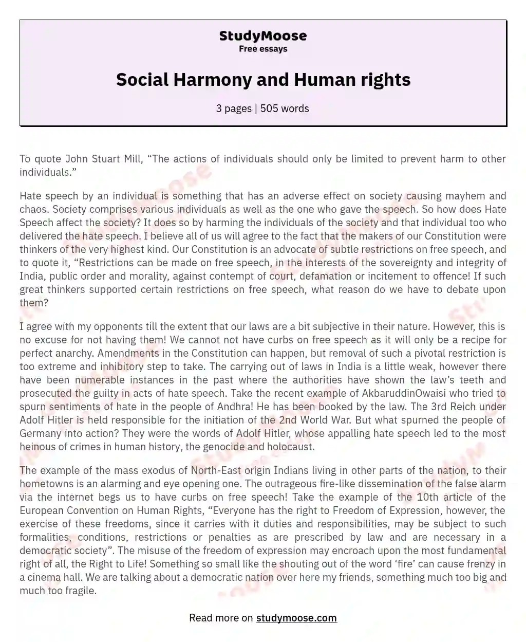 Social Harmony and Human rights Free Essay Example