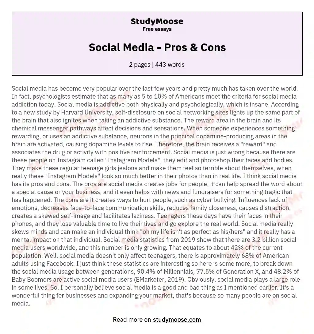 Social Media Pros & Cons Free Essay Example