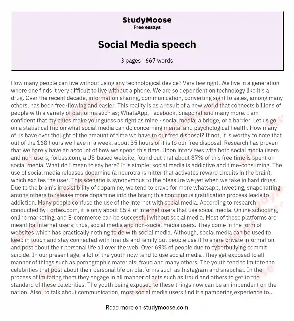 Social Media speech Free Essay Example