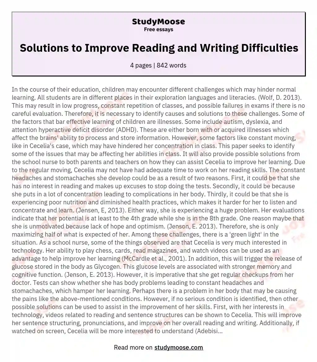 Solutions to Improve Reading and Writing Difficulties Free Essay Example