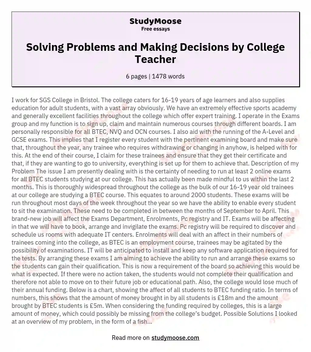 Solving Problems and Making Decisions by College Teacher Free Essay Example