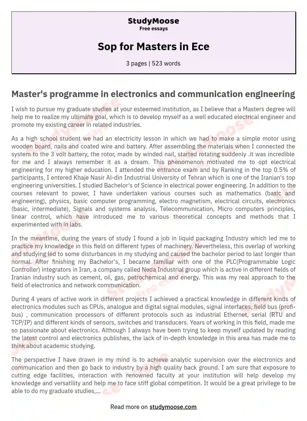 Sop for Masters in Ece Free Essay Example