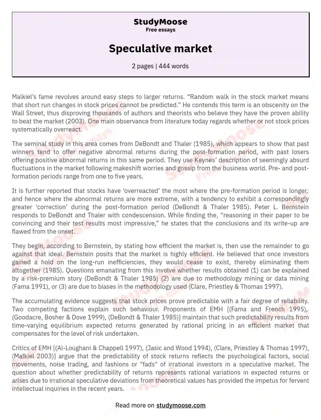 Speculative market Free Essay Example