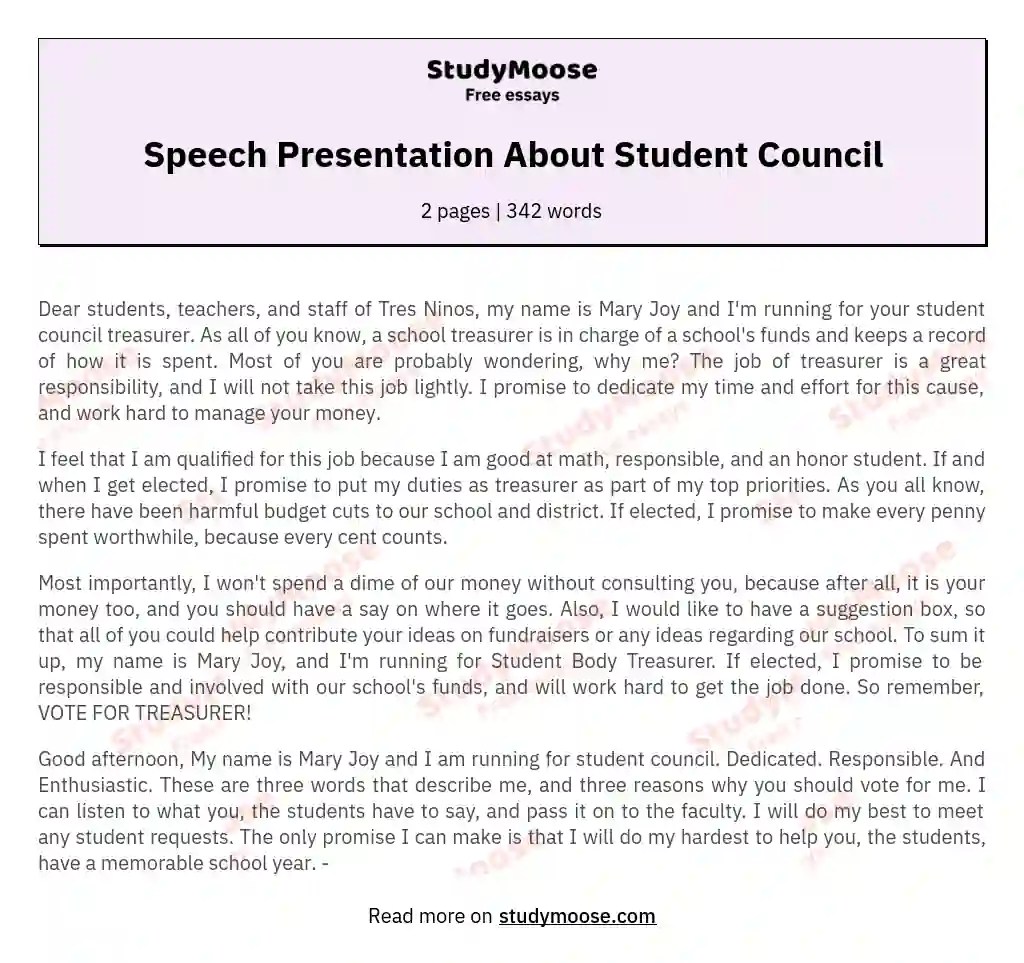Speech Presentation About Student Council Free Essay Example